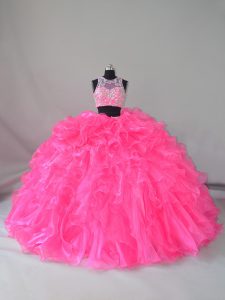 Glorious Hot Pink Sleeveless Beading and Ruffles Zipper Quinceanera Dresses