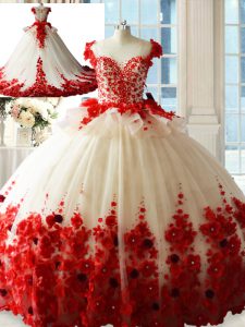 White And Red Ball Gowns Tulle Scoop Sleeveless Hand Made Flower Zipper Sweet 16 Dresses Brush Train
