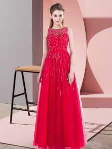 Floor Length Coral Red Prom Dress Scoop Sleeveless Side Zipper