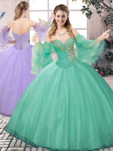Flare Apple Green Lace Up Sweet 16 Quinceanera Dress Beading Sleeveless Floor Length