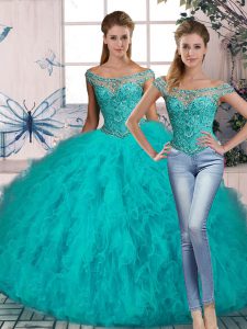 Charming Sleeveless Brush Train Beading and Ruffles Lace Up 15 Quinceanera Dress