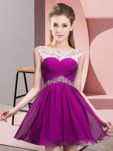 Scoop Sleeveless Prom Evening Gown Mini Length Beading and Ruching Fuchsia Chiffon