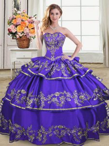 Purple Ball Gowns Sweetheart Sleeveless Satin and Organza Floor Length Lace Up Embroidery and Ruffled Layers Ball Gown Prom Dress