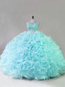 Decent Sleeveless Fabric With Rolling Flowers Floor Length Zipper Sweet 16 Dresses in Blue with Beading