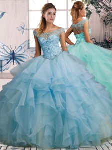 Dazzling Light Blue Ball Gowns Organza Off The Shoulder Sleeveless Beading and Ruffles Floor Length Lace Up 15th Birthday Dress