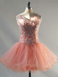 Mini Length Lace Up Dress for Prom Peach for Prom and Party and Military Ball with Beading