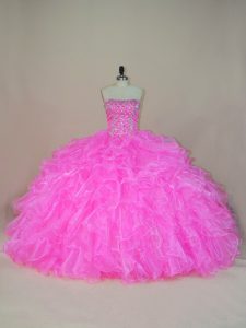Pink Lace Up Vestidos de Quinceanera Beading and Ruffles Sleeveless Floor Length