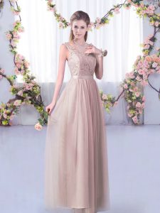 Sophisticated Tulle V-neck Sleeveless Side Zipper Lace and Belt Dama Dress for Quinceanera in Pink