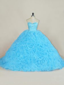 Cute Baby Blue Ball Gowns Beading and Ruffles 15th Birthday Dress Lace Up Organza Sleeveless Floor Length