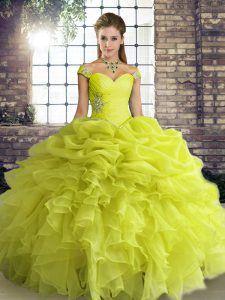 Flare Floor Length Ball Gowns Sleeveless Yellow Green Quinceanera Gown Lace Up