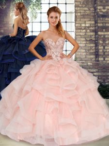 On Sale Sleeveless Tulle Floor Length Lace Up Sweet 16 Quinceanera Dress in Baby Pink with Beading and Ruffles