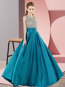 Teal Empire Beading Prom Dress Backless Elastic Woven Satin Sleeveless Floor Length