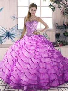 Lilac Lace Up Sweetheart Beading and Ruffles 15 Quinceanera Dress Organza Sleeveless Brush Train