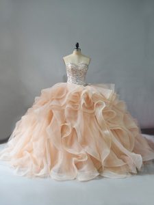 Pretty Beading and Ruffles 15th Birthday Dress Champagne and Pink And White Lace Up Sleeveless Brush Train
