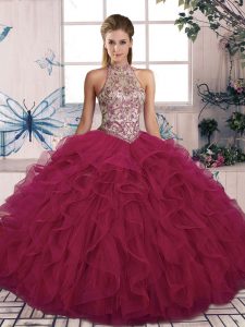 Halter Top Sleeveless Quince Ball Gowns Floor Length Beading and Ruffles Burgundy Tulle