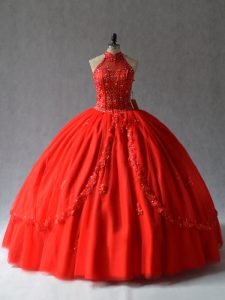 Luxurious Halter Top Sleeveless Lace Up 15 Quinceanera Dress Red Tulle
