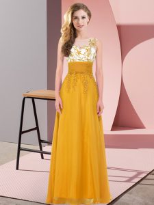Custom Designed Gold Empire Scoop Sleeveless Chiffon Floor Length Backless Appliques Dama Dress
