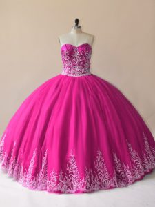 Sweetheart Sleeveless Quinceanera Gown Floor Length Embroidery Fuchsia Tulle