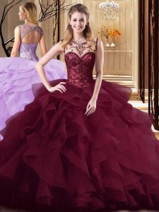 Sweet Lace Up Quinceanera Gown Burgundy for Military Ball and Sweet 16 and Quinceanera with Beading and Ruffles Brush Train