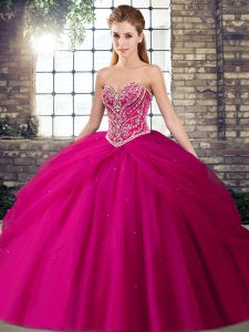 Clearance Sleeveless Beading and Pick Ups Lace Up Quinceanera Gowns with Fuchsia Brush Train