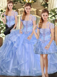 Unique Strapless Sleeveless Lace Up Quinceanera Dresses Lavender Organza