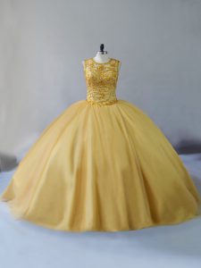 Tulle Scoop Sleeveless Brush Train Lace Up Beading 15th Birthday Dress in Gold