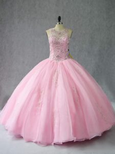 Baby Pink Organza Lace Up Sweet 16 Dresses Sleeveless Floor Length Beading