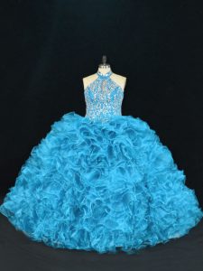 Blue Halter Top Neckline Beading and Ruffles Quinceanera Dresses Sleeveless Lace Up
