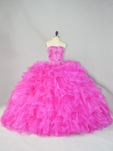 Sweet Lace Up Quinceanera Dresses Hot Pink for Sweet 16 and Quinceanera with Beading and Ruffles Court Train