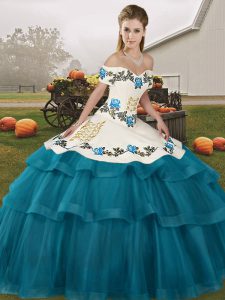 Discount Teal Ball Gowns Embroidery and Ruffled Layers Vestidos de Quinceanera Lace Up Tulle Sleeveless