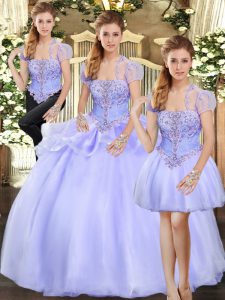 Sleeveless Floor Length Beading and Appliques Lace Up 15 Quinceanera Dress with Lavender