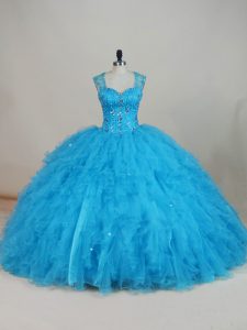 Nice Baby Blue Ball Gowns Beading and Ruffles 15 Quinceanera Dress Zipper Tulle Sleeveless Floor Length