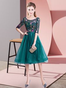 Teal Lace Up Scoop Embroidery Quinceanera Court of Honor Dress Tulle Half Sleeves