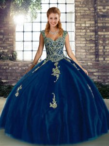 Charming Royal Blue Tulle Lace Up Sweet 16 Dress Sleeveless Floor Length Beading and Appliques