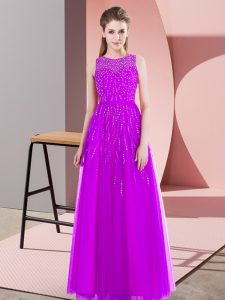 New Style Sleeveless Tulle Floor Length Side Zipper Prom Dress in Purple with Beading