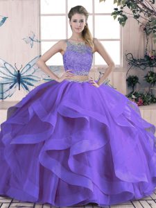 Beauteous Tulle Scoop Sleeveless Lace Up Beading and Ruffles Quinceanera Dress in Purple