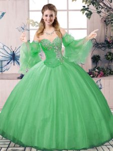 Latest Green Quince Ball Gowns Sweet 16 and Quinceanera with Beading Sweetheart Long Sleeves Lace Up