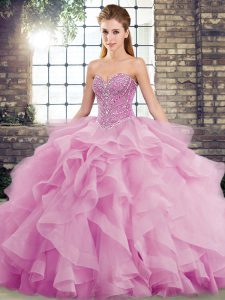 Noble Lilac Tulle Lace Up Quinceanera Dresses Sleeveless Brush Train Beading and Ruffles
