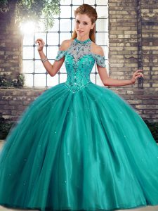 Turquoise Tulle Lace Up Sweet 16 Dress Sleeveless Brush Train Beading