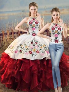 Affordable White And Red Two Pieces Embroidery and Ruffles Vestidos de Quinceanera Lace Up Organza Sleeveless Floor Length