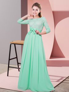 Sumptuous Apple Green Empire Chiffon Scoop 3 4 Length Sleeve Lace and Belt Floor Length Side Zipper Quinceanera Court of Honor Dress