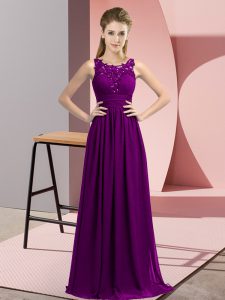 Floor Length Purple Quinceanera Court of Honor Dress Chiffon Sleeveless Beading and Appliques