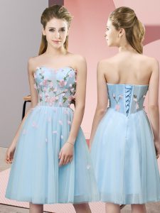Glamorous Light Blue Sleeveless Knee Length Appliques Lace Up Quinceanera Court of Honor Dress