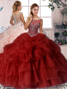 Extravagant Wine Red Scoop Neckline Beading and Pick Ups Quinceanera Dress Sleeveless Zipper