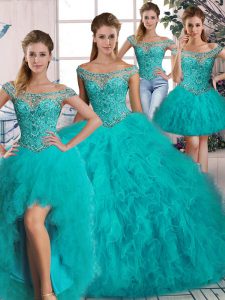 Clearance Aqua Blue Long Sleeves Tulle Brush Train Lace Up Quinceanera Gowns for Sweet 16 and Quinceanera