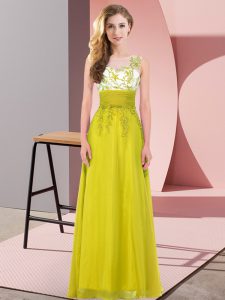 Free and Easy Olive Green Empire Scoop Sleeveless Chiffon Floor Length Backless Appliques Quinceanera Court of Honor Dress