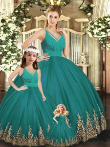Turquoise Ball Gowns V-neck Sleeveless Tulle Floor Length Backless Embroidery Quinceanera Dress