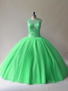 Green Ball Gowns Tulle Scoop Sleeveless Beading Floor Length Lace Up Quince Ball Gowns