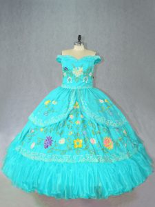 Aqua Blue Ball Gowns Embroidery 15 Quinceanera Dress Lace Up Satin Sleeveless Floor Length