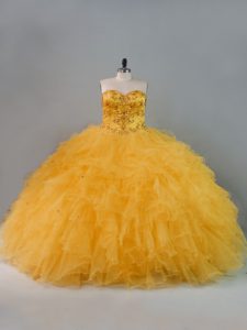 Customized Tulle Sweetheart Sleeveless Lace Up Beading and Ruffles Quinceanera Dresses in Gold